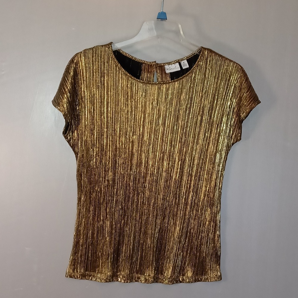 Kim Rogers‎ Gold Metallic Pleated Blouse Short Sleeve Keyhole Back Top Medium